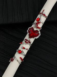 8pcs Punk Style Chic Red Drip Oil Heart Rhinestone Spider Rings & Crescent Moon Heart Rhinestone Ring Set For Women - Silver - View 2