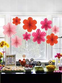 9朵玫瑰红+粉色+橙色心形纸花装饰，墙纸扇，教室装饰，纸花背景，悬挂纸扇，墙面装饰，圣诞节 - 彩色 - 查看 10