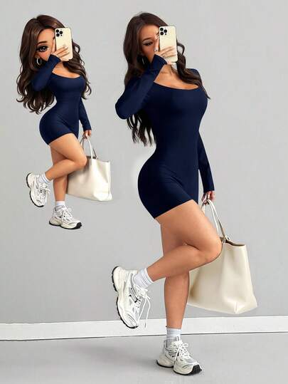 Mono de mujer AITYI Studio, bien ajustado, minimalista casual con cuello en U, silueta estilizadora, elegante y sexy, versátil para exteriores, ir al trabajo, graduación, Año Nuevo, San Valentín, primavera y otoño, de manga larga