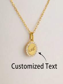 1pc Customized Rhinestone Oval Letter Necklace Customized Engraved Diamond Pendant Necklace Vintage Jewelry Gift For Her - Gold - View 2