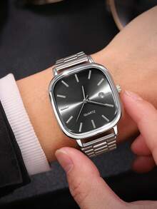 3-Piece Elegant Men's Silver Watch Set, Including 1 Square Black Dial Quartz Watch (Silver Metal Strap), 1 Silver Chain Bracelet, And 1 Black PU Leather Wallet. The Overall Style Is Steady And Graceful, Showcasing Fashionable Charm. - Silver - View 5