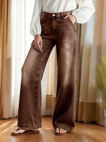 Quần jeans nữ cỡ lớn cạp cao ống rộng màu xanh dương, kiểu dáng thoải mái, ống đứng, thích hợp cho mùa thu/đông/xuân. - Cà phê nâu - Xem 5