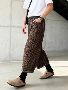 1件新款复古美式宽松豹纹七分裤，韩版春夏男士豹纹宽松阔腿牛仔裤（不含腰带和配饰） - 棕色 - 查看 7