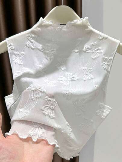 New Arrival Lace Collar Sleeveless Mesh Frill Trim Bow Decor Camisole Top