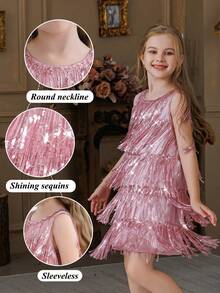 Tween Girl Sleeveless Flowing Sequin Fringe Party Dress, Flower Girl Dress, Princess Gown For Girls, Suitable For Birthday Party, Wedding, Prom, Holiday Celebration - Pink - View 9