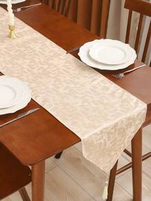 1pc Gold Decorative Table Runner, Faux Silk Jacquard, Dining Room/Living Room Table Decor, Tasseled, Farmhouse Vintage Geometric Pattern - Beige - View 6