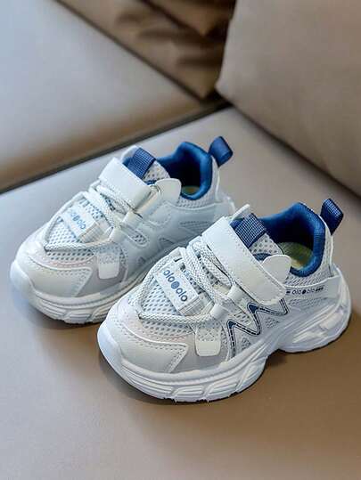 1 Pair Kids' Mesh & PU Hook And Loop Style Breathable Durable Comfortable Casual Sports Shoes, Suitable For Spring & Autumn