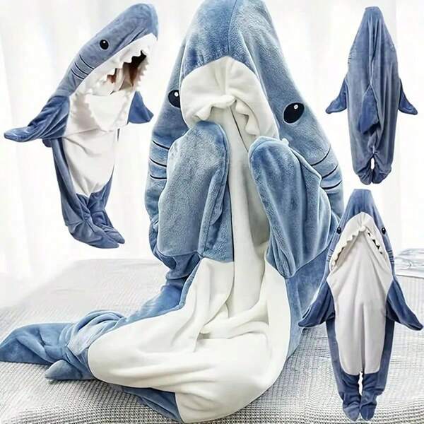 Funny Shark Design Hooded Wearable Blanket, Warm Flannel Robe, All-In-One Sleeping Bag, Soft & Breathable Coral Fleece, Comfortable For Party, Cosplay, Home Relaxation