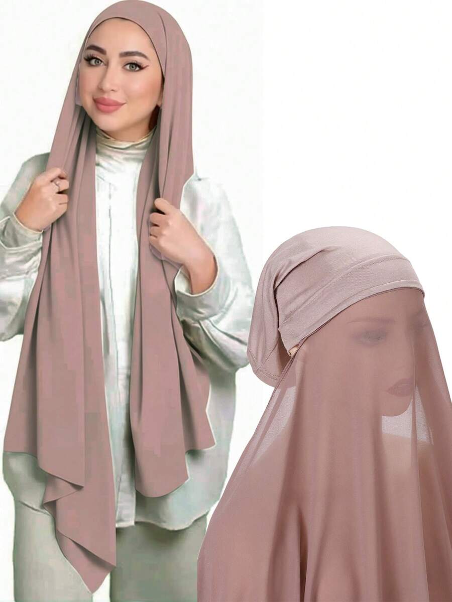 1pc Instant Hijab Women's Solid Color Breathable Chiffon Convenient Muslim Headscarf - Brown - View 1