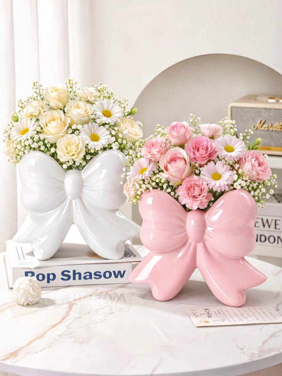 1个粉色/白色蝴蝶结花瓶，装饰花瓶，桌面摆件，家居/客厅装饰 - 彩色 - 查看 1