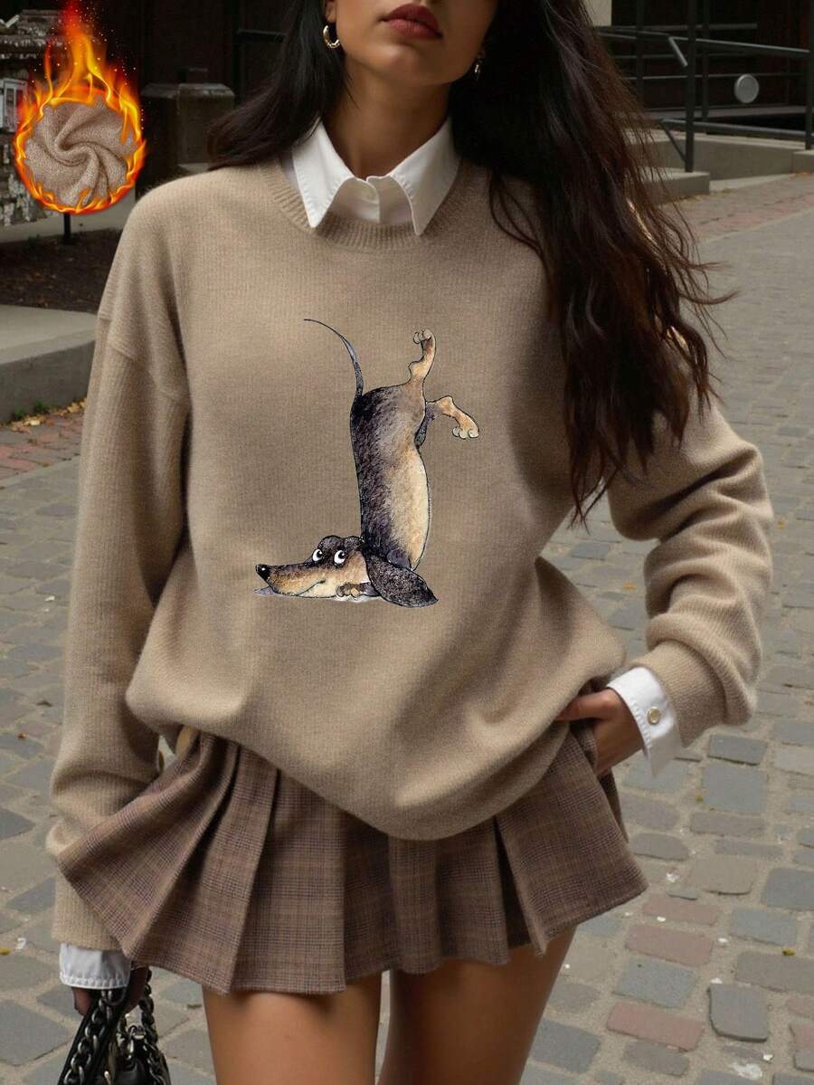 Women's Casual Warm Faux Wool Sweater, Puppy Print, Merry Christmas, Chinese New Year, Valentine's Day, Back To School Clothes, School Outfit Ideas, Back To School Essentials, First Day Of School Outfit, Back To School Outfits 2026 - Camel - View 1