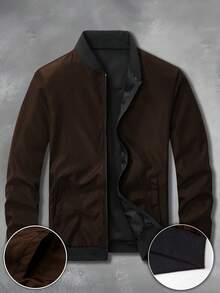 Outdoor Sports Casual Stand Collar Baseball Jacket Solid Color Zipper Jacket - Coffee Brown - View 3