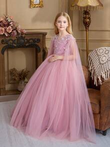 Tween Girl Elegant Lace Trim Bow Back Deep V Mesh Flower Girl Princess Dress, Suitable For Children's Birthday Party, Wedding, Prom, Holiday Occasions - Pink - View 9