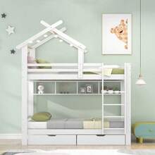 (29945960WAA) Bunk Bed With Drawers And Shelves, House Bed With Three-Step Right-Angled Ladder, Children's Bed With Fall Protection And Railing, Pine Wood Frame, White (90x200cm) - White - View 3