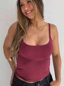 Women's Tank Top With Thin Straps, Double Lining, Polyester, Daily Wear - 酒紅色 - 查看 2