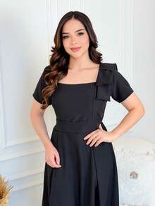 Women's Midi Dress With Bow On The Shoulder (Christian Style) - Black - View 2