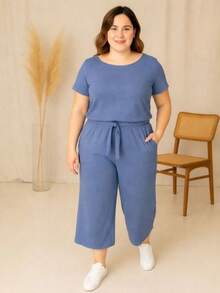 Women's Casual Plus Size Pantacourt Set With Short Sleeves - Màu xanh lam - Xem 1