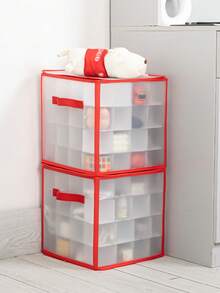 1pc Christmas Ornament Storage Box, 64 Compartments, Zipper Closure Christmas Storage Box With Handle, Red Transparent Christmas Organizer Box, Christmas Organizing Supplies - Clear - View 8