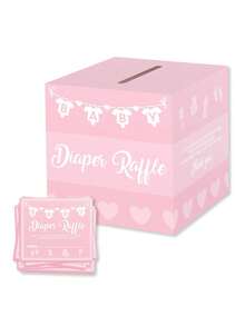 一套51件的婴儿尿布抽奖游戏盒，包含尿布抽奖券盒和婴儿礼物留言盒，适合婴儿生日派对 - 彩色 - 查看 9