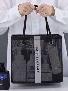 Bolsa organizadora de malla para ducha, cesta de almacenamiento plegable para el baño para artículos de tocador, champú, jabón y maquillaje, organizador de artículos de tocador portátil y resistente al agua para hombres y mujeres, para uso en el hogar, gimnasio, compras, actividades al aire libre y piscina - Negro - Ver 10
