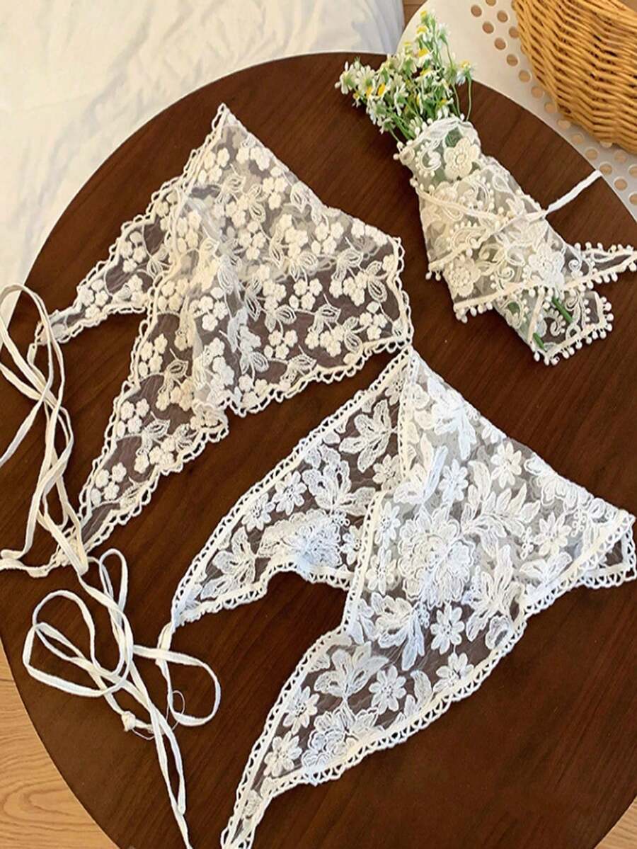白色针织花卉网纱围巾/发带/腰带套装，适合女士度假装扮，包括蕾丝吊带背心腰带、带蕾丝边的弹力腰带、优雅的春夏蕾丝荷叶边半身裙，随机花卉图案 - 彩色 - 查看 1