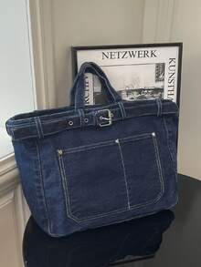 Large Capacity Fashion Casual Tote Bag, Retro Washed Denim, Shoulder Bag With Detachable Strap, Unique Design Handbag, Suitable For Work, Shopping, Commuting - Multicolor - View 9