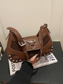 新款个性机车包，时尚铆钉甜美法棍包，复古撞色通勤休闲女式单肩包，模压拼接便携轻巧腋下包，适合女性约会、购物、通勤、户外、办公、工作、商务、送礼、生日等场合，日常使用佳品。 - 咖啡 - 查看 11