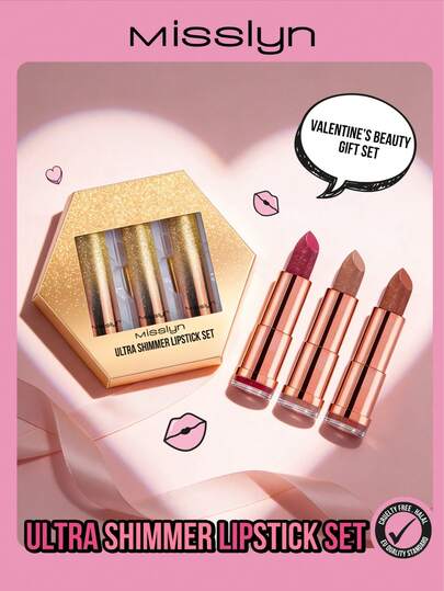  MISSLYN 3pcs Shimmery Lipstick Set, Matte Glitter Lipstick Set, Holiday Lipstick Gift Box, Matte With Shimmer Lipsticks, High Pigmentation, Smooth Texture, Rich Colors, Long-Lasting, Lightweight Lip Makeup, Cosmetic Brand, Face Makeup, Suitable For Women And Girls, Winter Essential, Y2K Style, Fashion Versatile, Great Birthday Gift, Valentine's Day Gift, Party Essential, New Year Gift, Best Colors, Cruelty-Free And Vegan