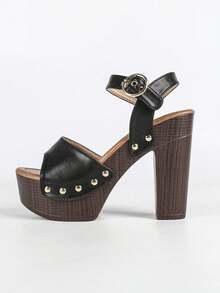 Women's Bold Buckles Studded Wedge Sandal Platform Heeled Summer Fashion Sandals Ankle Strap Shoes - 黑色 - 查看 6
