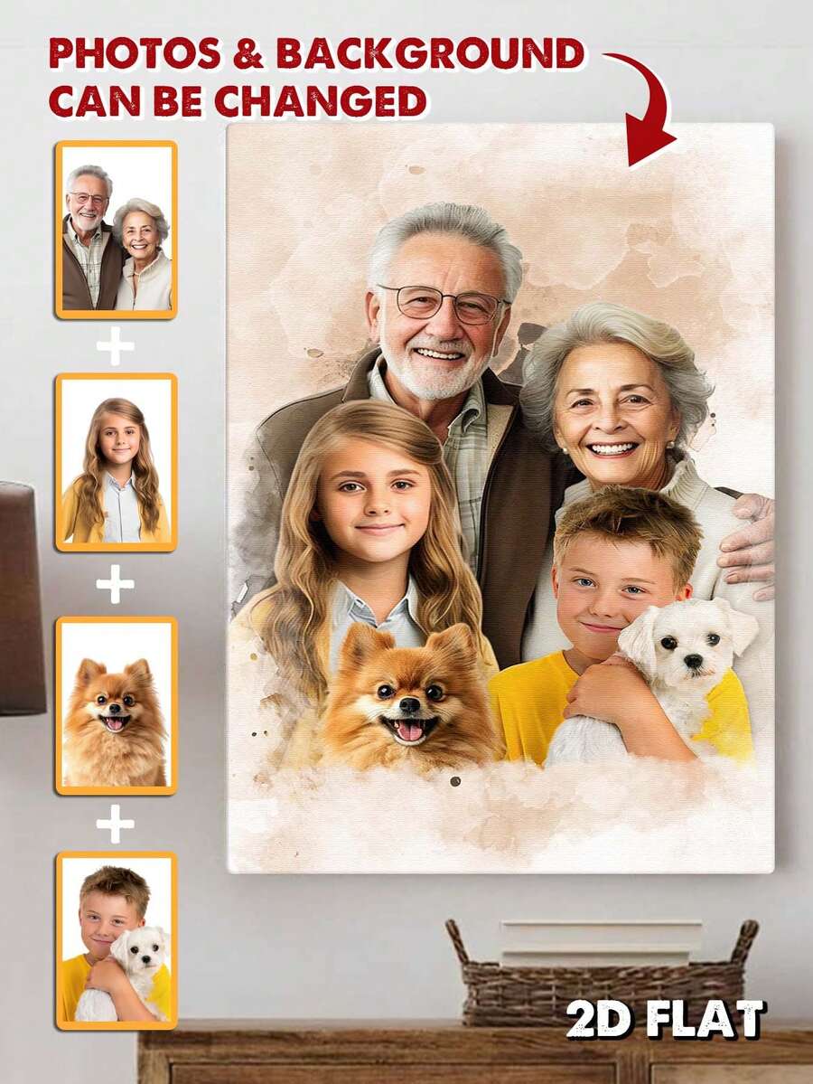 Colaj foto de familie personalizat pe pânză, fuziune realistă a diferitelor fotografii, adăugarea celor dragi decedați la fotografii, adăugarea altora la fotografii, portret de familie, portret memorial
