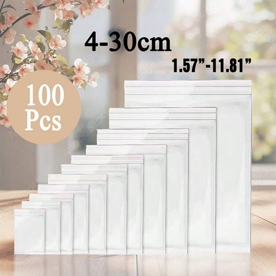 100个可重复密封透明塑料拉链袋，适用于各种物品，非常适合旅行、运输和储存，也适用于圣诞节和情人节，双层厚度0.064毫米/2.4密耳，透明珠宝包装袋、周年纪念生日透明包装袋、服装配饰收纳袋、多功能工具配件袋、节日礼品包装袋。