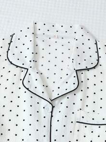 两件套波点印花睡衣套装，甜美可爱翻领纽扣长袖上衣和裤子，女士居家睡衣家居服 - 白色 - 查看 3