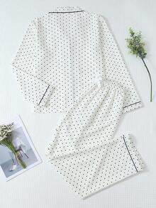 两件套波点印花睡衣套装，甜美可爱翻领纽扣长袖上衣和裤子，女士居家睡衣家居服 - 白色 - 查看 2