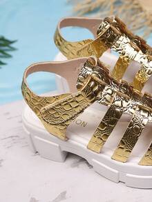 新款时尚女童罗马凉鞋，优雅公主鞋，鳄鱼纹金色高跟凉鞋，适合夏季日常穿着、派对和海滩活动 - 金色 - 查看 7