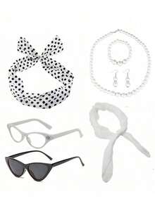This 5-Piece Set, Suitable For Women In Their 20s, 40s, 50s, And 70s, Includes A 1950s Retro Solid Color Scarf, Cat-Eye Glasses, A Polka Dot Headband, And Gloves. It's Perfect For 1950s-Themed Solid Color Parties, Halloween Cosplay, Costume Parties, Everyday Wear, Themed Parties, And Valentine's Day Women's Party Accessories.