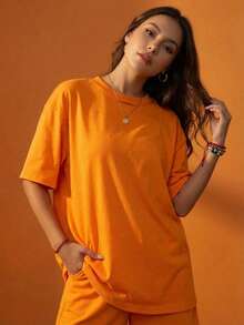 Women's Loose Long Solid Color Round Neck Short Sleeve T-Shirt, Minimalist, Suitable For Spring/Summer Everyday Wear Casual - Orange - View 5