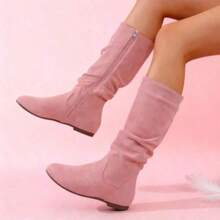 New Autumn And Winter Thick-Heeled Long Boots, Not Above The Knee Brown Skinny Boots, Maillard High-Heeled Boots, Black Classic All-Match Fashion Boots, Women's Mid-Calf Boots, Knight Boots, High Boots - 粉色 - 查看 1