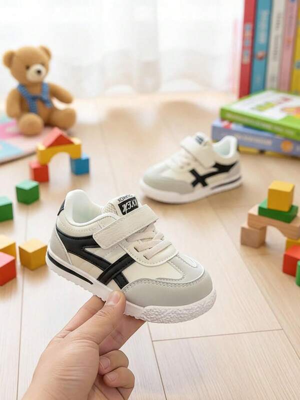 1 Pair Black Simple & Cute Color Block Patchwork Fashion Sneakers For Toddler & Little Kids, Retro Style Quality PU Upper With Design, Non-Slip Rubber Thick Sole, Suitable For Casual Wear, School, Walking, Running, Hiking, Spring/Summer 2026