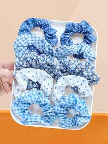 5个/套蓝色碎花、波点、格子发圈 - 3种款式：波点、格子、雏菊 - 适合女孩，适合日常、派对、复古、甜美和校园风格 - 彩色 - 查看 3
