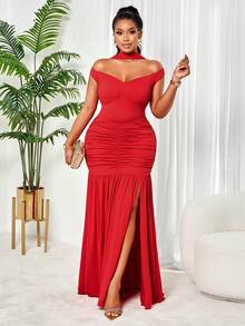 BIUBIU Elegant Red Maxi Dress For Women, Off Shoulder Ruched Mermaid Dress With High Slit - Red - View 5