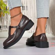 Retro British Style Mary Jane Shoes, Women's T-Strap Thick Heel Round Toe Slip-On Commuter Shoes - Brown - View 6
