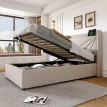 Polsterbett Einzelbett Stauraum Bettkasten Mit USB Typ C Ladefunktion Kopfteil, Stauraumbetten Bettgestell Aus Leinenmaterial Jugendbett 90x200 Mit Lattenrost(Ohne Matratze) - Beige - View 4