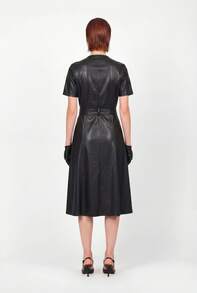 Elegant Black Flared Faux Leather Dress - SIMA R2 BLACK - Black - View 3