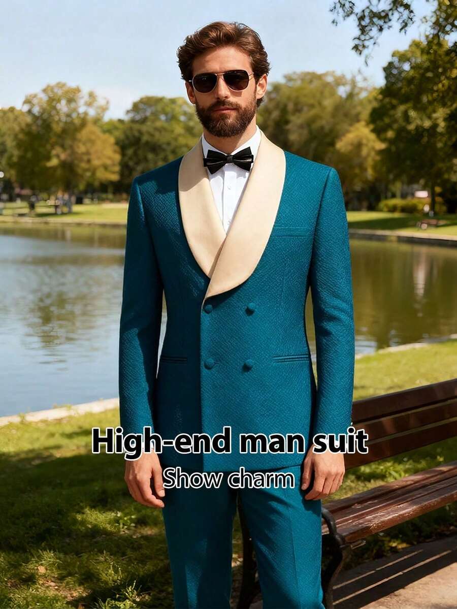 Men's Suit Shawl Lapel Double-Breasted Blazer & Pant Set - Formal 2-Piece Tuxedo With Wafer Knit Texture For Weddings & Black Tie Events - Màu xanh bạc hà - Xem 1