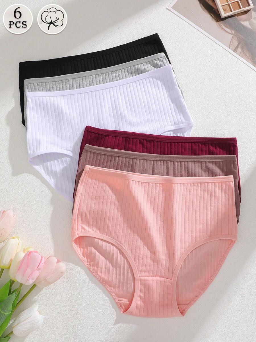6Pcs Cotton Striped High-Waisted Women's Briefs , Pink, Full Coverage, Comfortable And Soft Panties Set, Sizes S-XXL - 彩色 - 查看 1