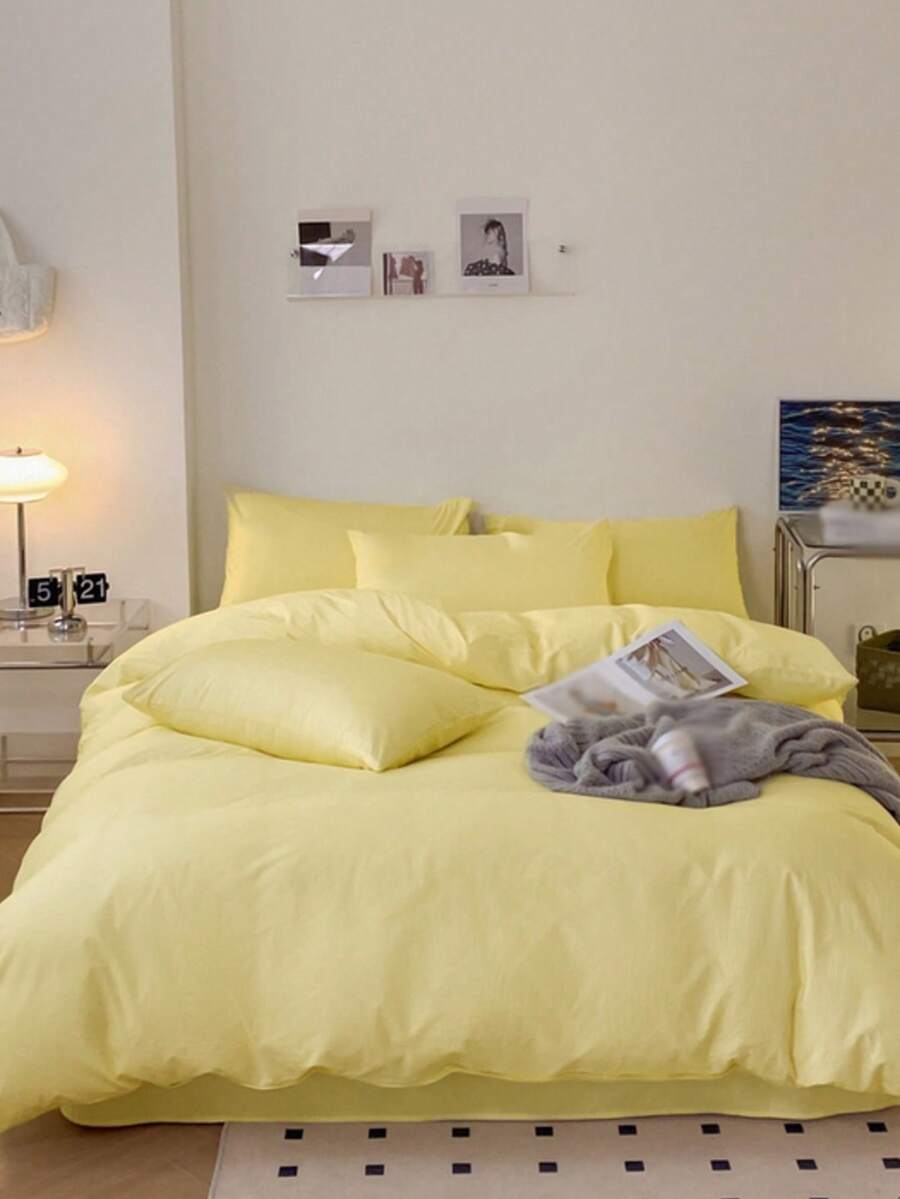 Bộ 3 món ga trải giường bằng cotton mềm mại, phối màu xanh dương và trắng. - Màu vàng - Xem 1