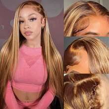 13x6/13x4 高清透明前额真人发混纺直发假发 34 英寸 - 200% 高密度预修剪无胶无缝假发,女士 SP4/27 直发前额网状假发,无需胶水即可佩戴 - SP4/27 - 查看 8