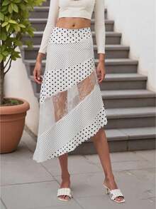 Falda midi holgada vintage de cintura baja con estampado floral y lunares, falda larga y ligera de otoño para mujer - Blanco - Ver 1