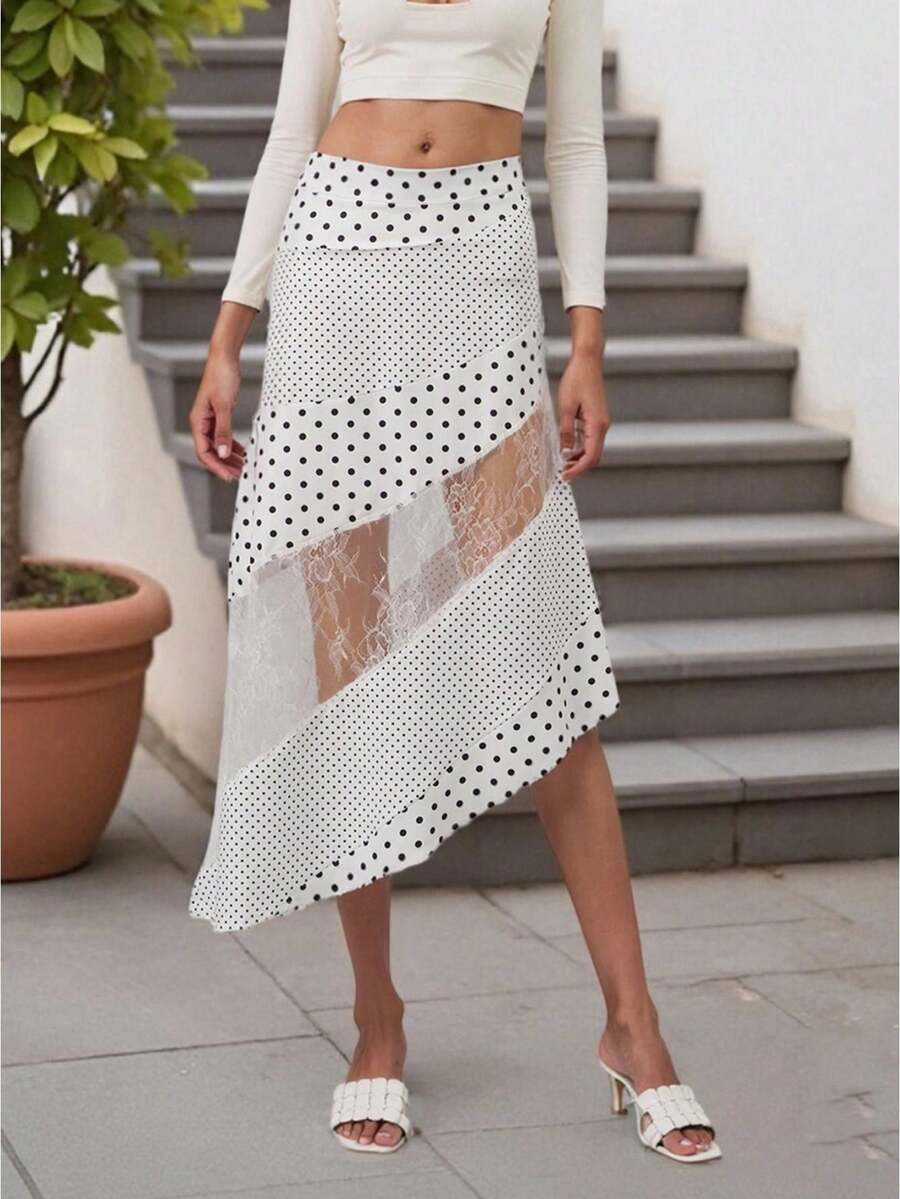 Falda midi holgada vintage de cintura baja con estampado floral y lunares, falda larga y ligera de otoño para mujer - Blanco - Ver 1