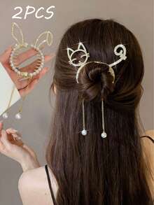 1个/2个优雅水钻猫兔发夹，可爱甜美流苏珍珠吊坠圆形发夹，女士/女孩闪亮水钻兔耳发夹，日常配饰 - 彩色 - 查看 10